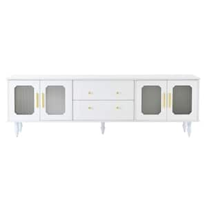 69.6 in. White TV Stand Fits TVs up to 78 in. with Fluted Glass Doors, 2-Drawers and Cabinets