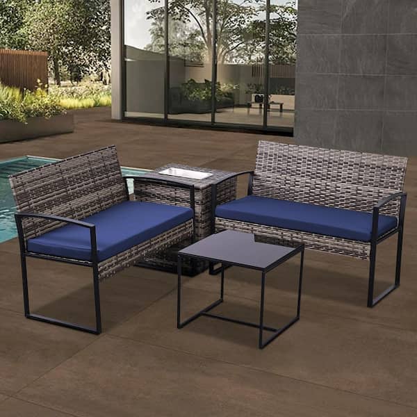 Unbranded Gray 4-Piece Wicker Patio Conversation Set Outdoor Sofa Sectional Set with Blue Cushions and Ice Bucket Storage Table