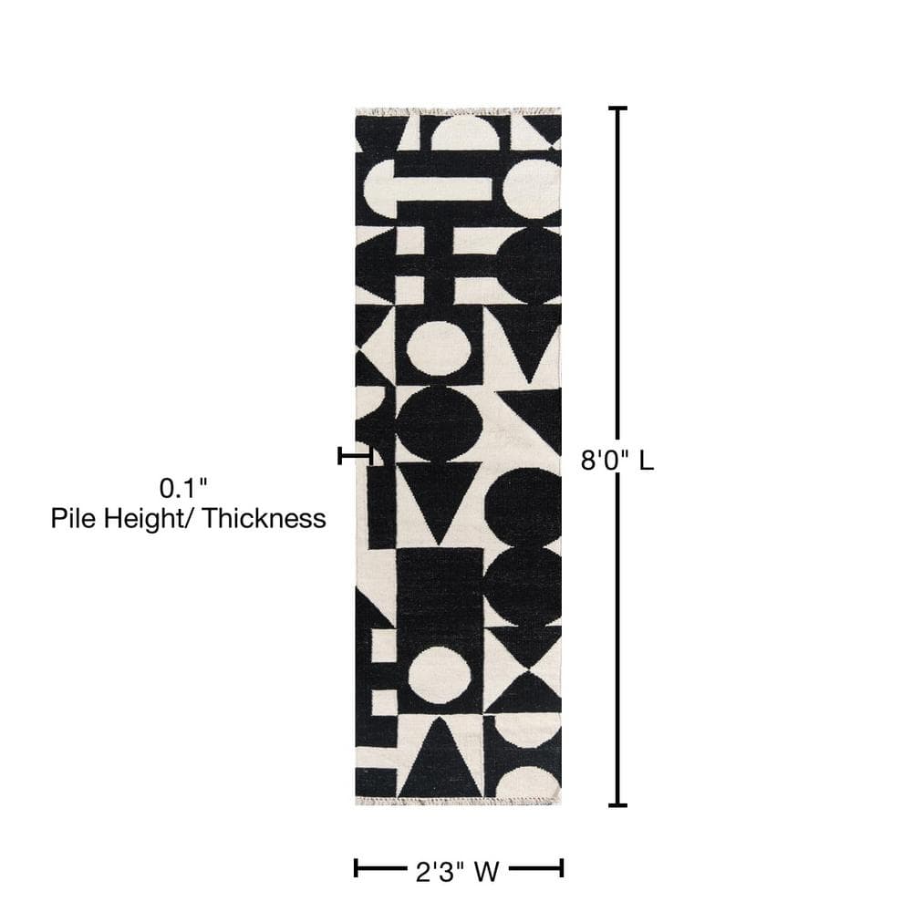 Black and White Geometric Wool Handmade Runner Rug