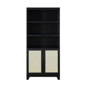 Sheridan 70.86 in. Tall Black Modern Medium Density Fiberboard (MDF) 7-Shelf Cane Accent Bookcase