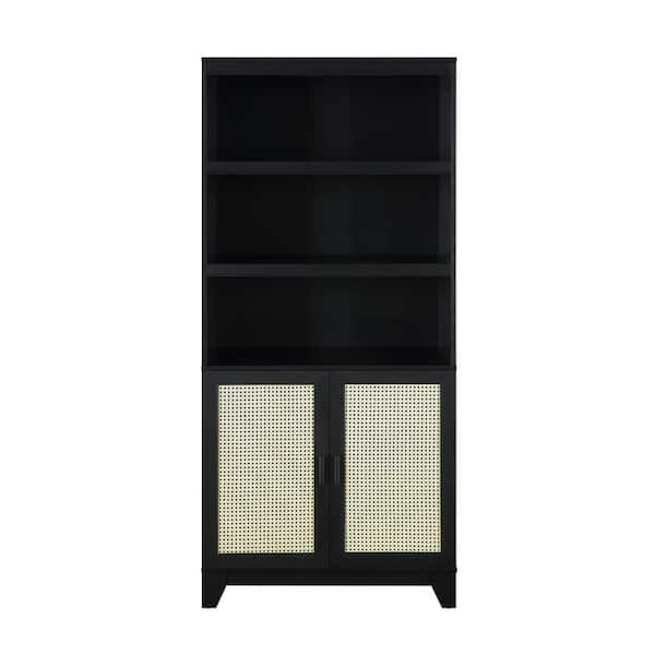 Manhattan Comfort Sheridan 70.86 in. Tall Black Modern Medium Density Fiberboard (MDF) 7-Shelf Cane Accent Bookcase