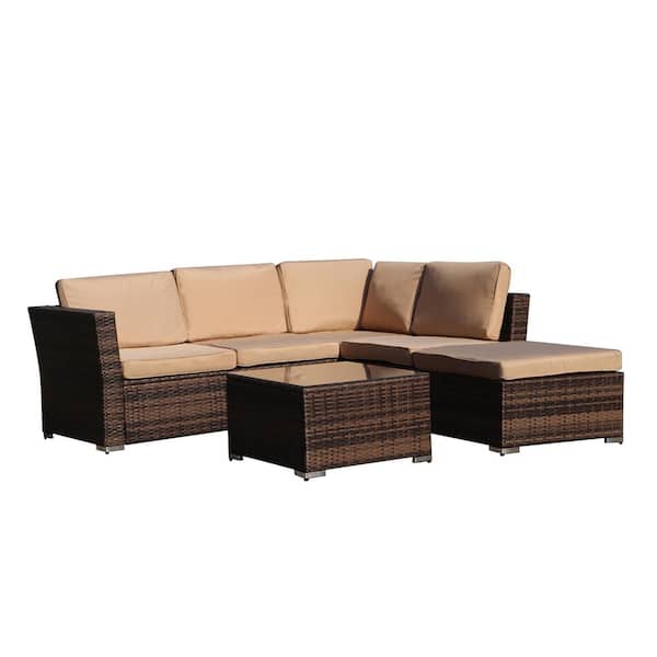BTMWAY 4-Piece All-Weather PE Wicker Patio Conversation Set with Khaki Cushion Sectional Sofa Set Outdoor Patio Furniture Set