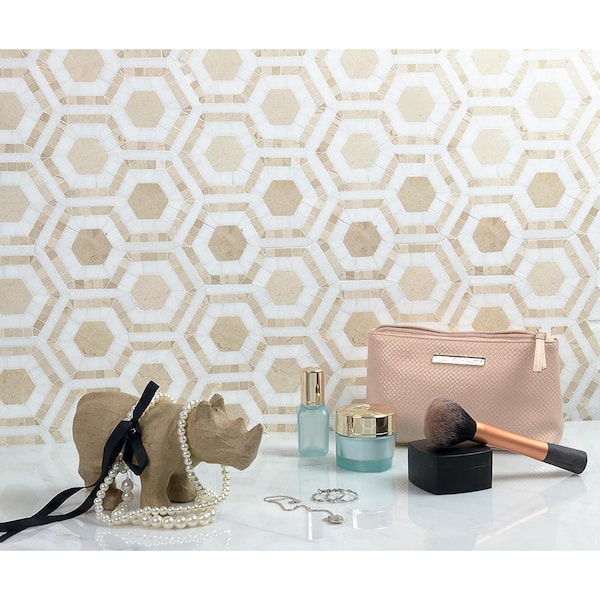 Kosmos Crema and Thassos Hexagon 11-3/4 in. x 11-3/4 in. x 10 mm Polished Marble Mosaic Tile