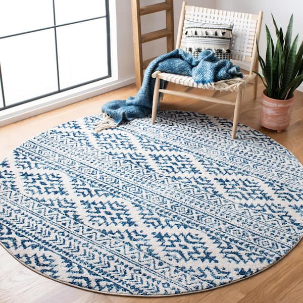Tulum Ivory/Navy 9 ft. x 9 ft. Round Geometric Area Rug