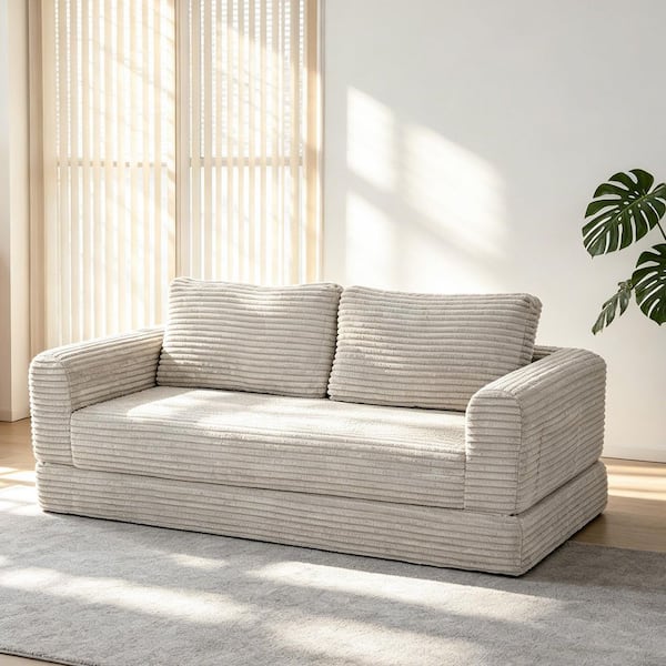 Modern 55.12 in. Round Arm Corduroy Rectangle Convertible Sleeper Sofa Bed in Beige White Compressed Couch