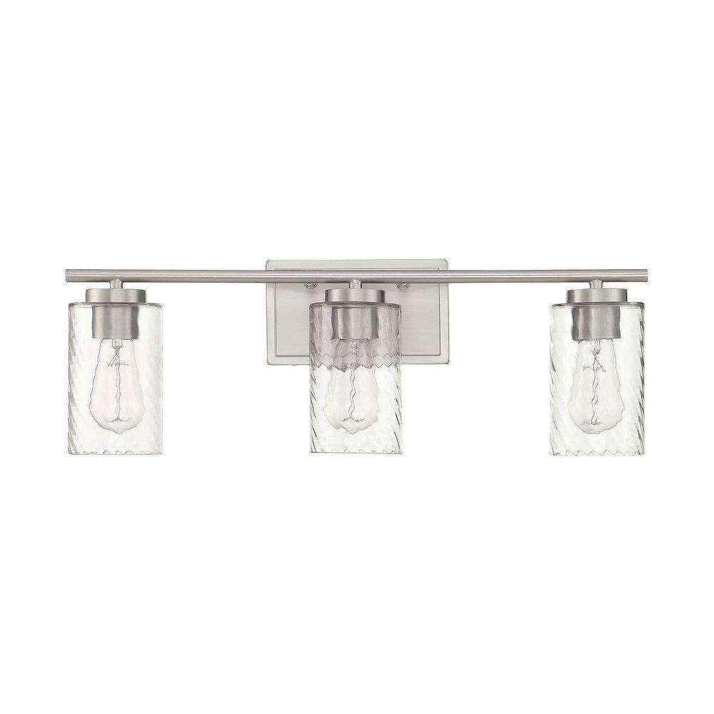 Transitional Brushed Nickel 3-Light Outdoor Bath Bar with Clear Swirl Glass