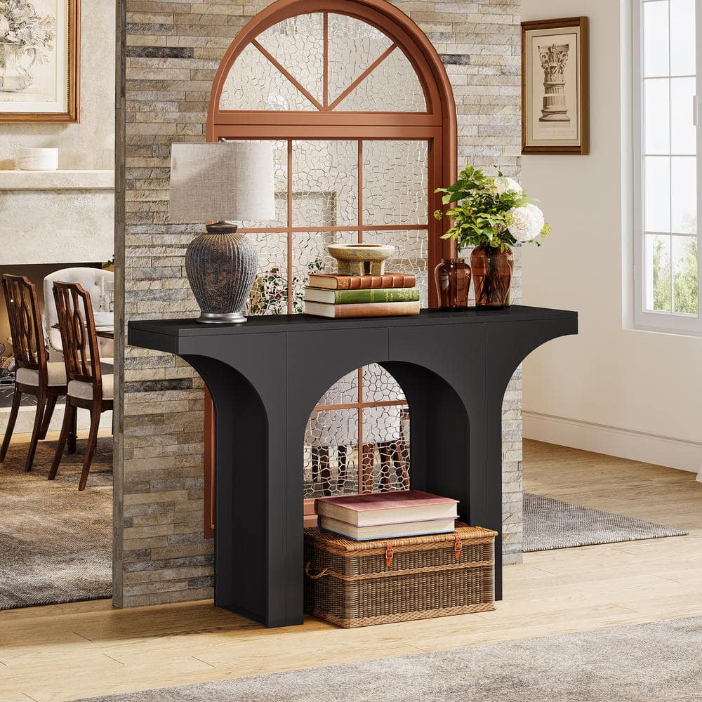 Black Wood 47-Inch Console Table with Arched Base