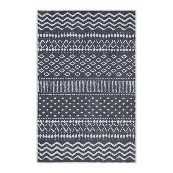 Gray & White Cotton Door mat Rug Indoor Outdoor - 2x3' Zig Zag