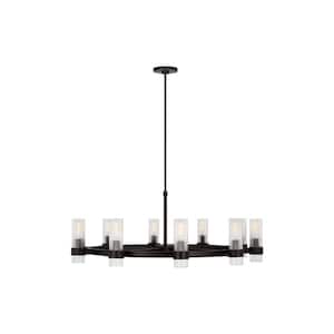 Geneva 33 in. W x 14.875 in. H 8-Light Aged Iron Mid-Century Modern Indoor Dimmable Chandelier with Clear Glass Shades
