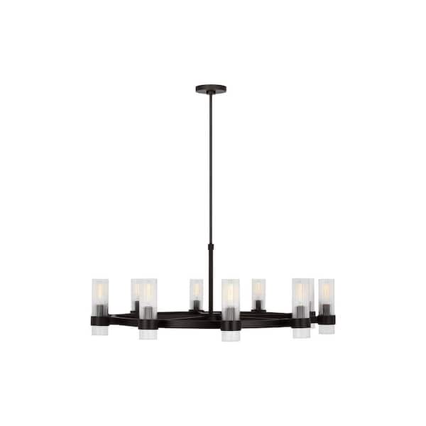 Generation Lighting Geneva 33 in. W x 14.875 in. H 8-Light Aged Iron Mid-Century Modern Indoor Dimmable Chandelier with Clear Glass Shades