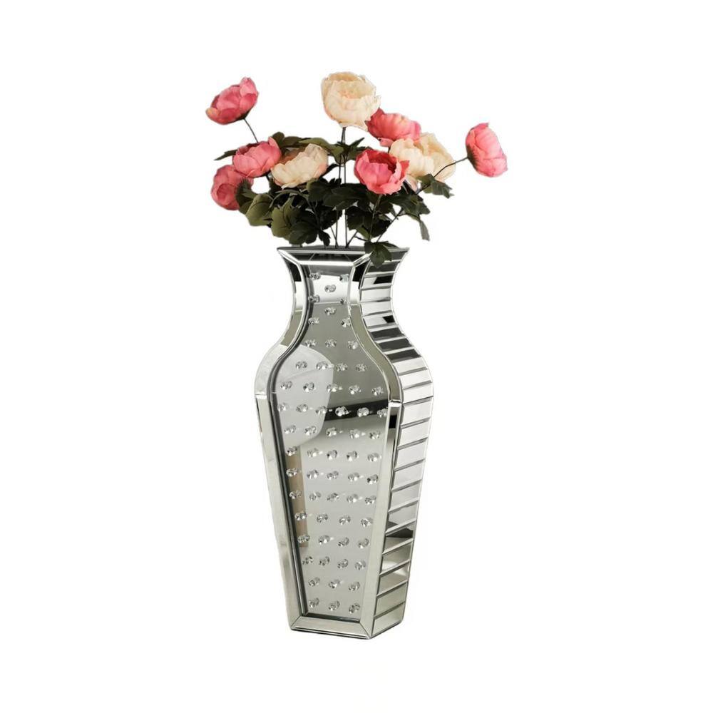 28 in. Silver Wood Bottle, Crystal Mirrored Decorative Floor Vase, Fashiona