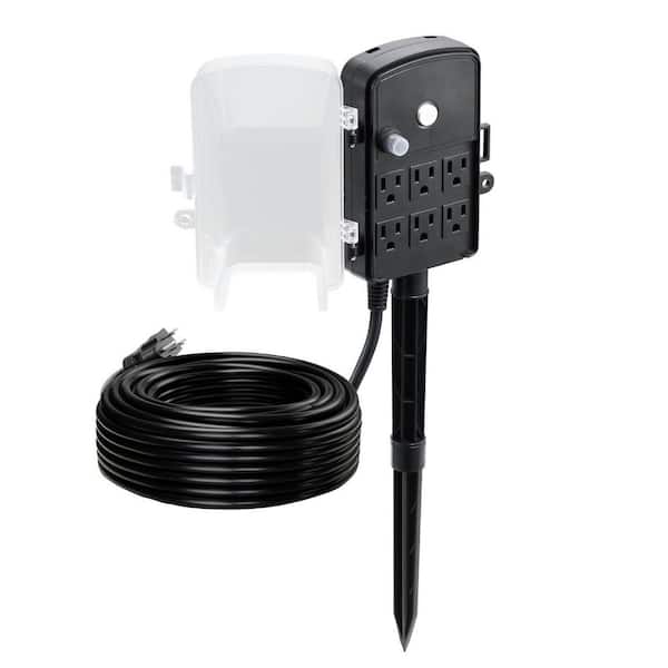 Weatherproof Outdoor Power Stake, 100 ft. Cord, Power Strip with Cover & Overload, 6 Outlets, 13A/1625W, Waterproof