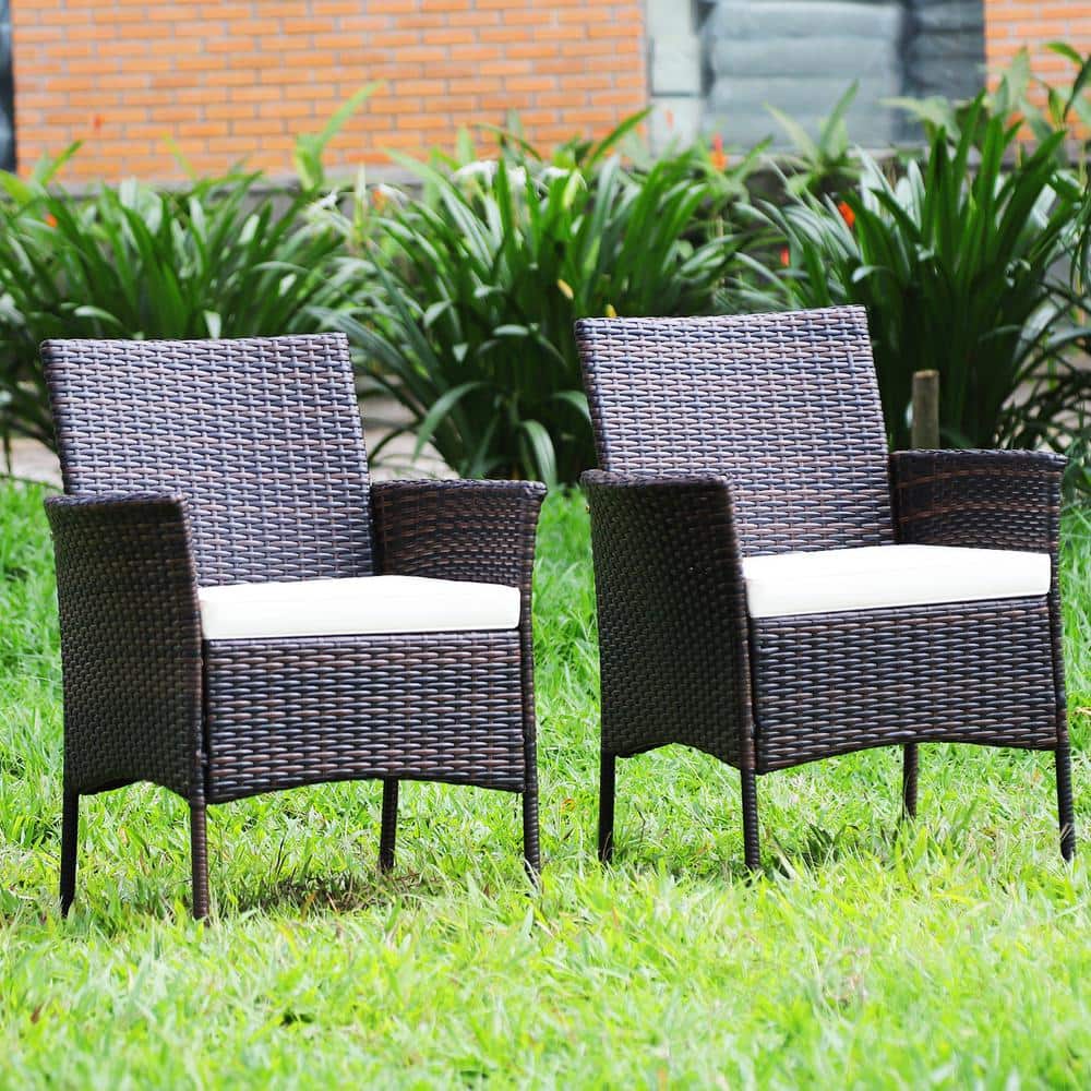 Brown Wicker Outdoor Dining Chairs with Cushions, Set of 2