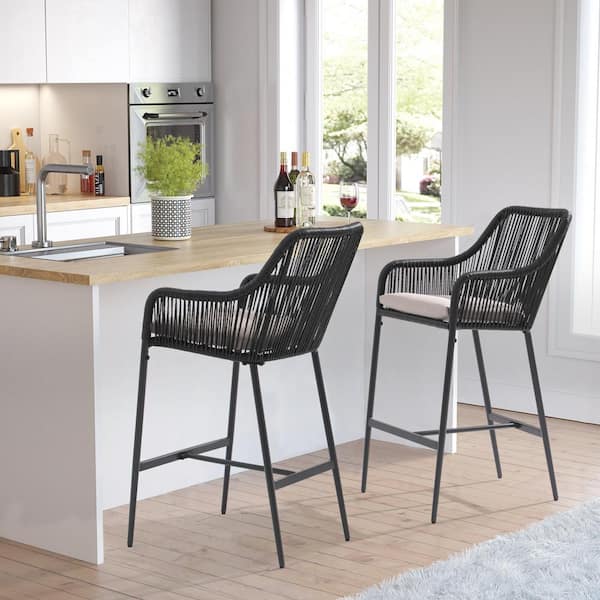 Freestyle Black Wicker Outdoor Bar Stools Set of 2 with Light Grey Cushions