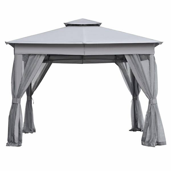 10 ft. x 10 ft. Gray Outdoor Patio Gazebo Tent with Double Roofs and Mosquito Netting