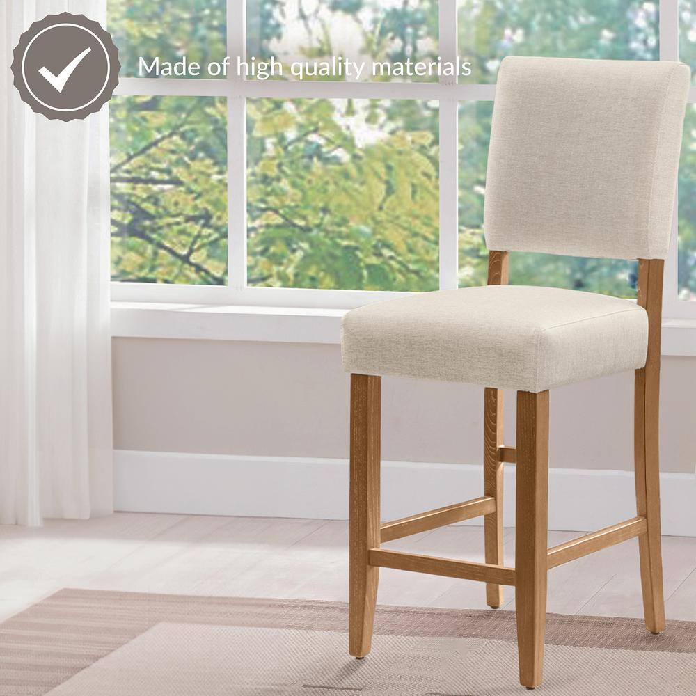 Natural White Sand Upholstered Bar Height Stools with Wood Base, Set of 2