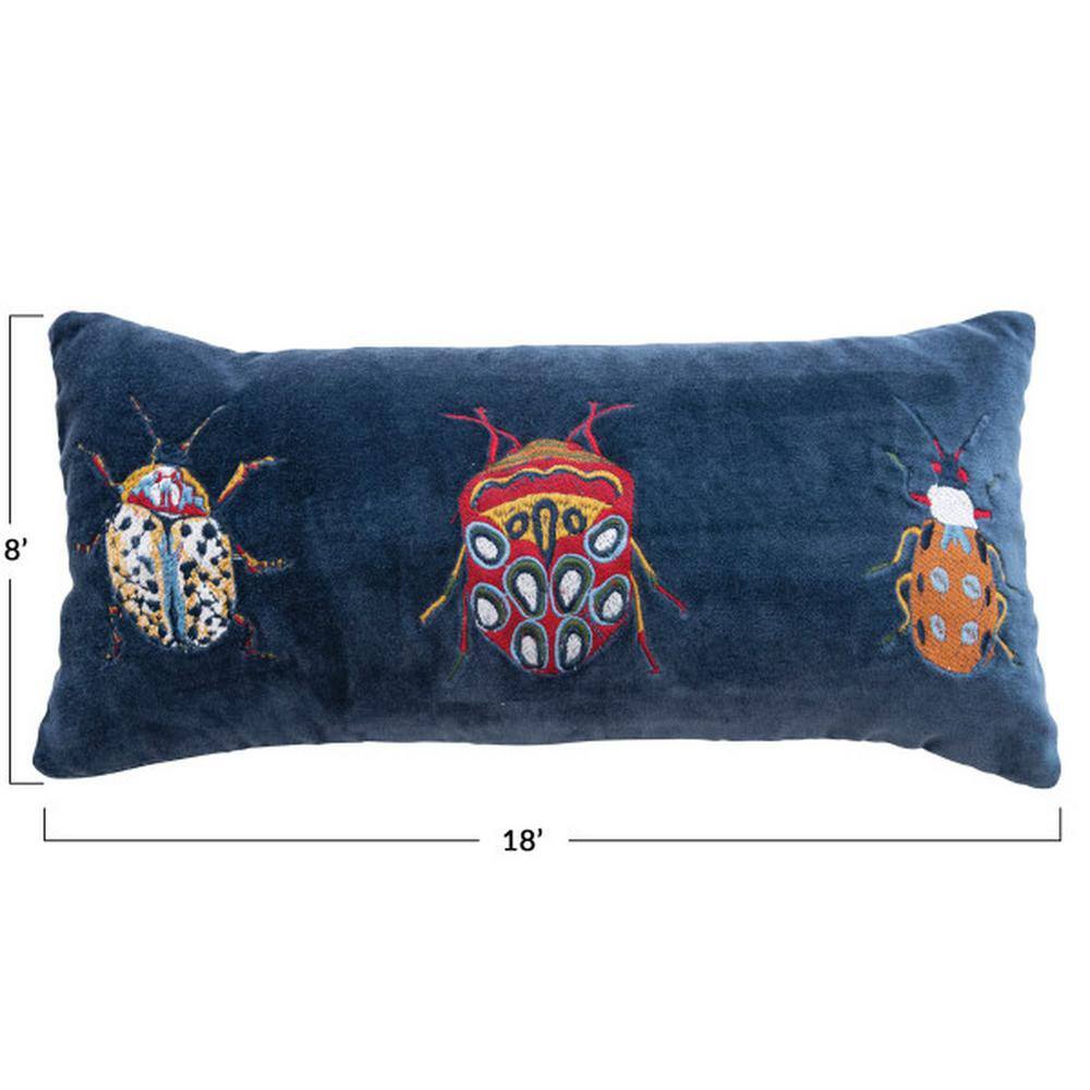 Multicolor Cotton Velvet Embroidered Beetle Lumbar Pillow