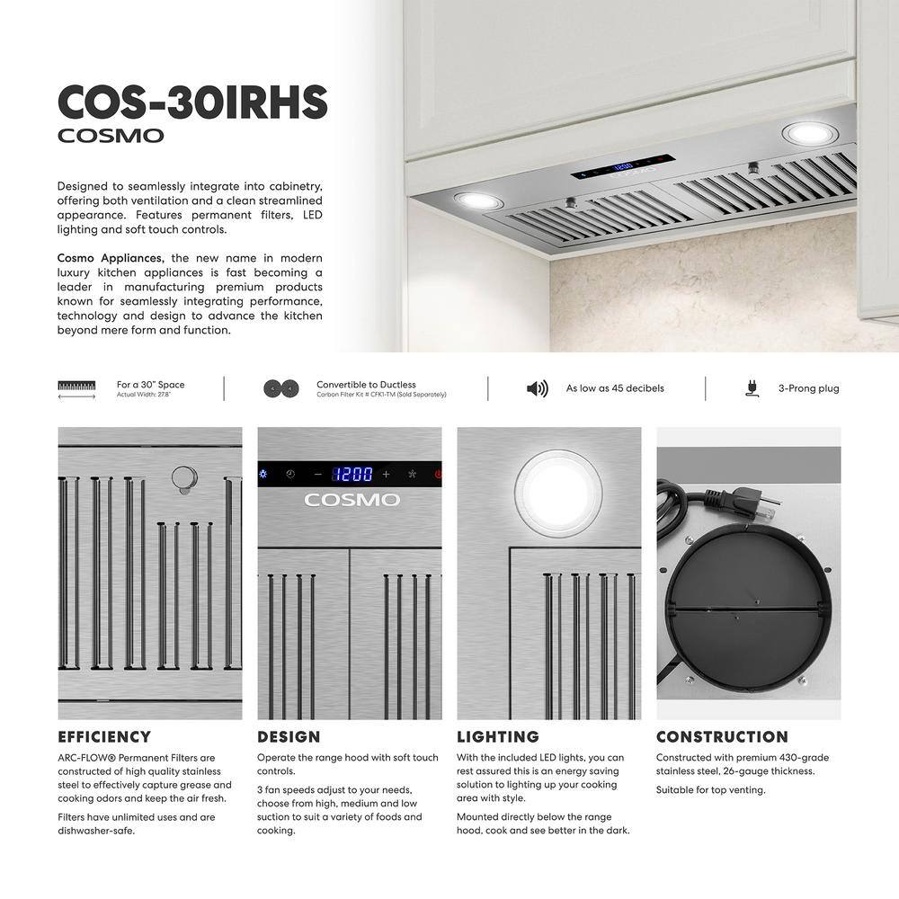 Cosmo 30-Inch Stainless Steel Insert Range Hood with LED Lights