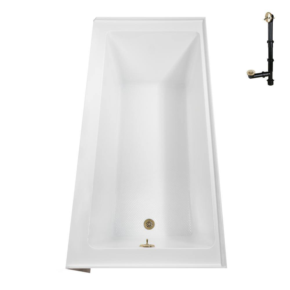 60-Inch Glossy White Acrylic Alcove Bathtub with Polished Brass Drain