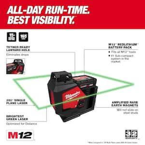 M12 12 Volt Lithium Ion Cordless Green 360 Degree Single Plane Laser Level with 165 ft. Laser Detector