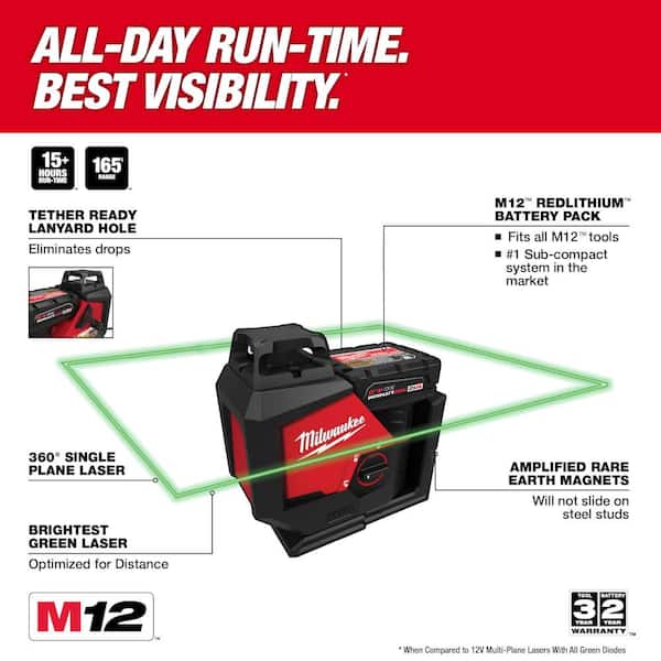 M12 12-Volt Cordless Green 125 ft. 360-Degree Single Plane Laser Level (Tool Only) with 360° Quick Connect Laser Mount