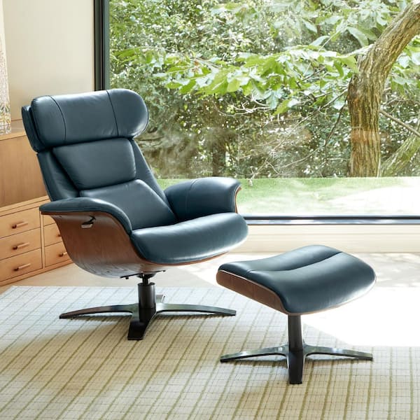 SPRUCE & SPRING Theo Genuine Leather Recliner Swivel Chair with Ottoman and Adjustable Headrest for Living Room in Teal