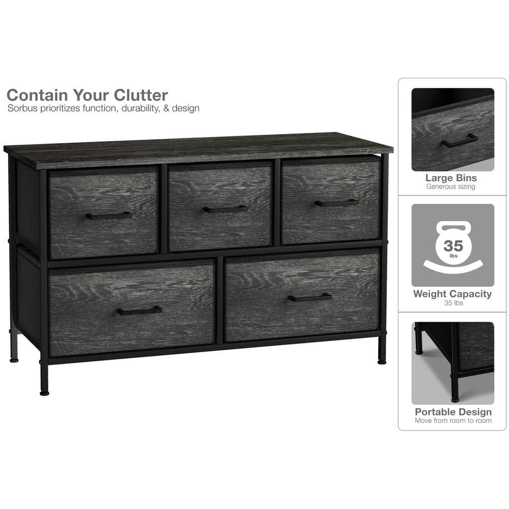 Black Fabric and Wood 5-Drawer Horizontal Dresser