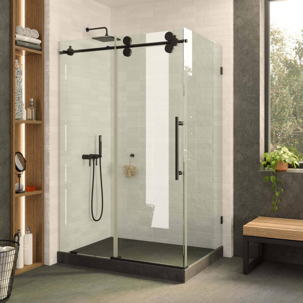 48.25'' Black Tempered Glass Sliding Frameless Shower Door