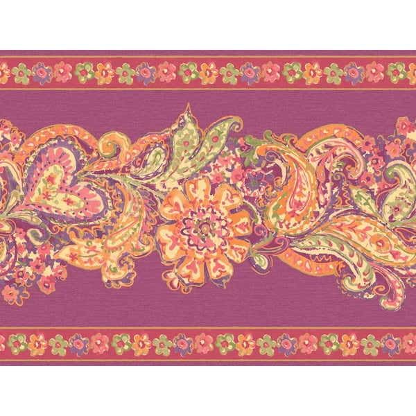 The Wallpaper Company 20.5 in. x 15 ft. Pink And Purple Paisley And Petals Border