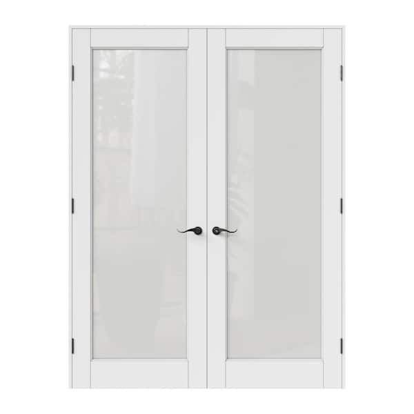 56 in. x 80 in. 1 Lite Frosted Glass Universal White Solid Core Wood Double Prehung French Door with Quick Assemble Jamb