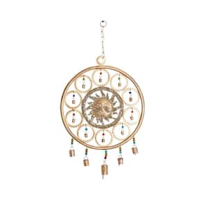 27 in. Gold Metal Sun Indoor Outdoor Embellished Windchime with Glass Beads and Bells