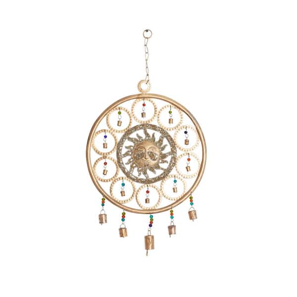Litton Lane 27 in. Gold Metal Sun Indoor Outdoor Embellished Windchime with Glass Beads and Bells