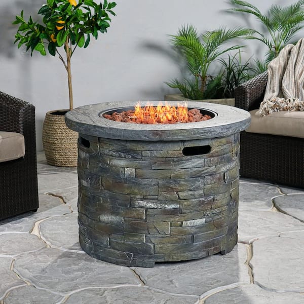 Noble House Blaeberry 34.5 in. x 24 in. Natural Stone Circular Gas Outdoor Patio Firepit
