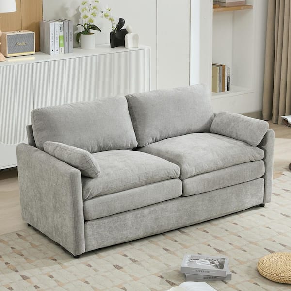 68.1 in. Rolled Arm Chenille Upholstered Rectangle Loveseat Sofa in. Light Gray with Double Cushion Lumbar Pillows