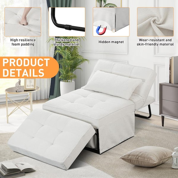 4 in-1 71 in. W Beige Folding Sherpa Fabric Twin Size Sofa Bed Convertible Chair Ottoman