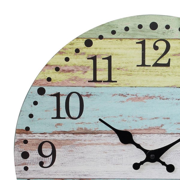 Stonebriar Collection Light Blue And Worn Yellow Vintage Farmhouse 14 Inch Round Hanging Battery Operated Wall Clock Sb 6222a The Home Depot - Battery Operated Lighted Wall Clocks