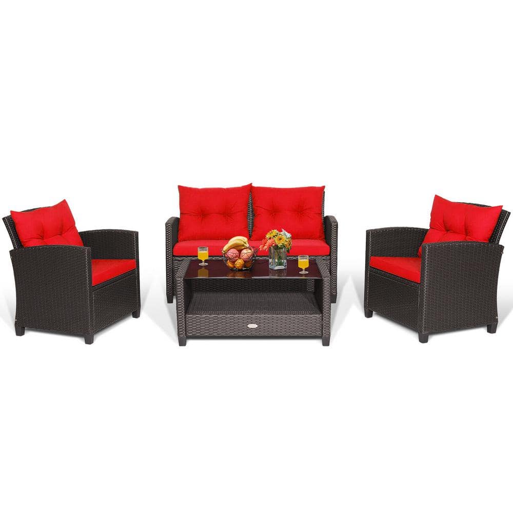 SUNRINX 4-Pieces Patio Rattan Furniture Set with Tempered Glass Coffee Table in Red - 2