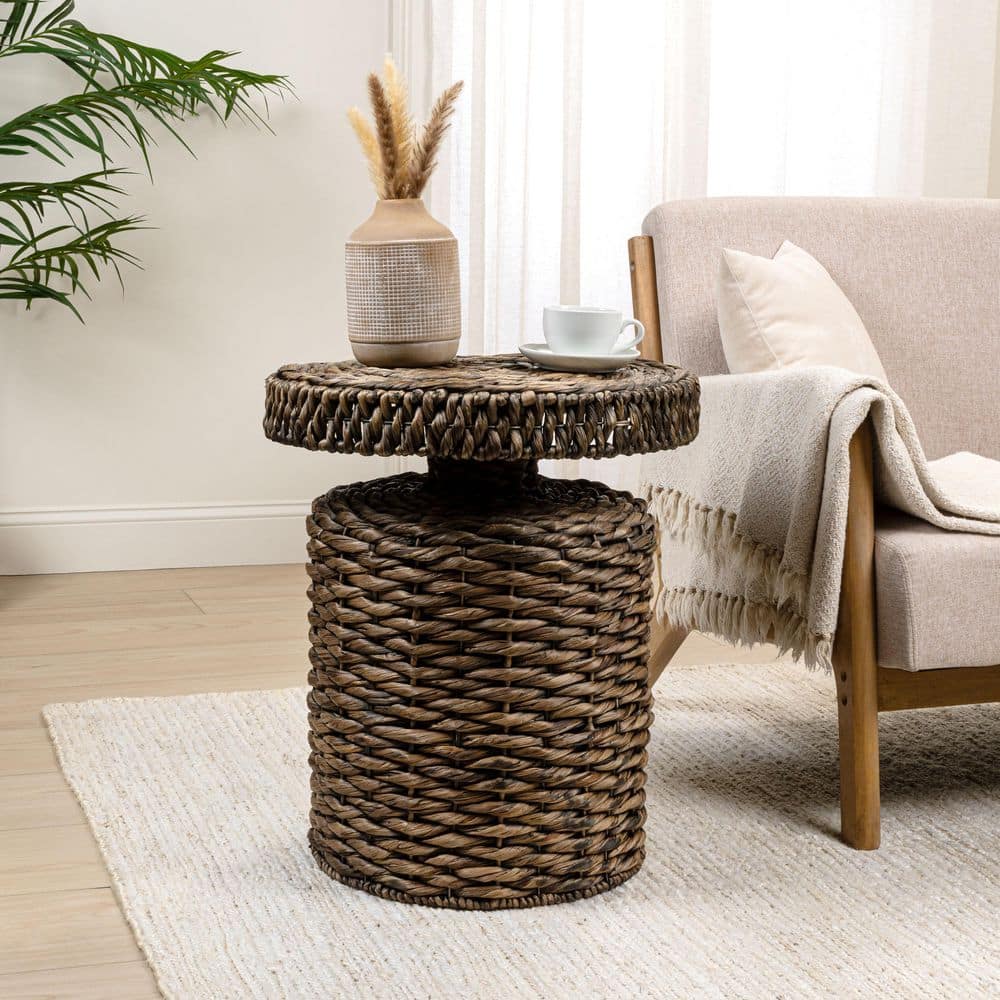 Marisol 19.65 in. Coastal Bohemian Handwoven Water Hyacinth Wicker Round Accent End Table, Brown