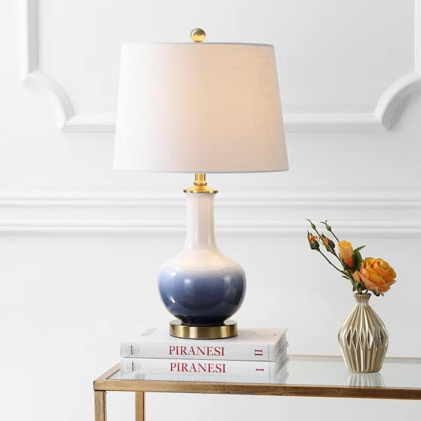 JONATHAN Y Gradient 25 in. White/Navy Ceramic/Brass Table Lamp