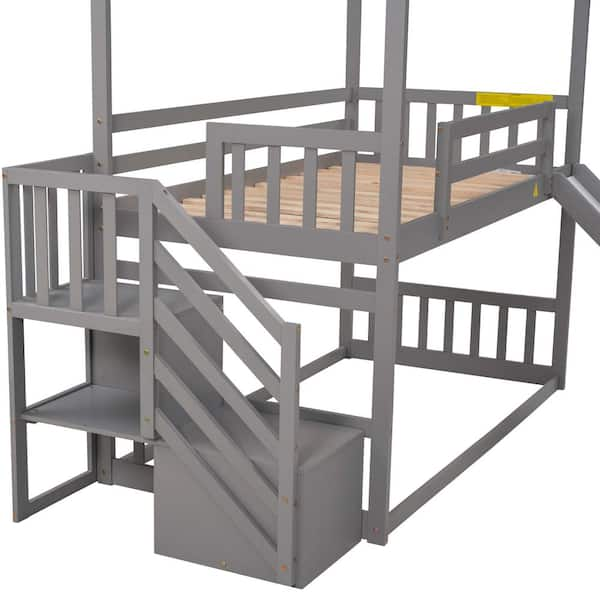 URTR Twin Over Twin House Bunk Bed with Convertible Slide, Wood