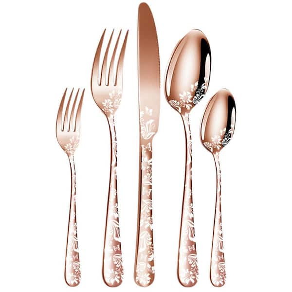 20-Piece Rose Gold Unique Pattern Stainless Steel Flatware Set (Service for 4), Mirror Polished, Dishwasher Safe