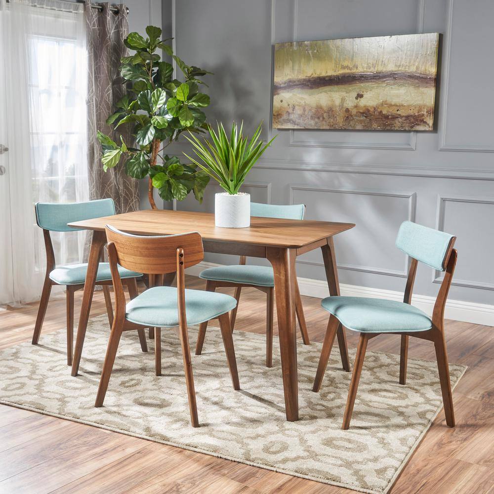 5-Piece Natural Walnut Mid-Century Dining Set with Mint Chairs