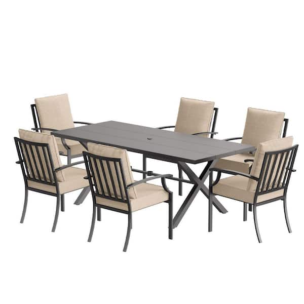 7-Piece Metal Patio Outdoor Dining Set with 6 Chairs, Large Table, Umbrella Hole and Sand Cushions