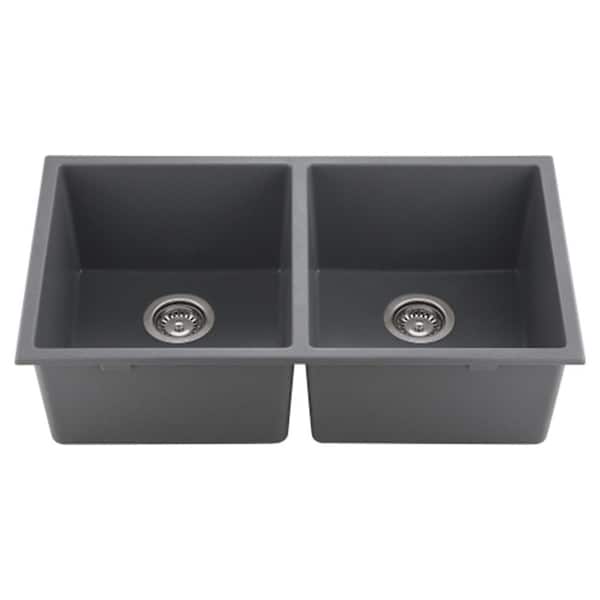 Unbranded Gray Fireclay 32 in. L x 18 in. W Double Bowl Farmhouse Apron Quartz Kitchen Sink with Faucet
