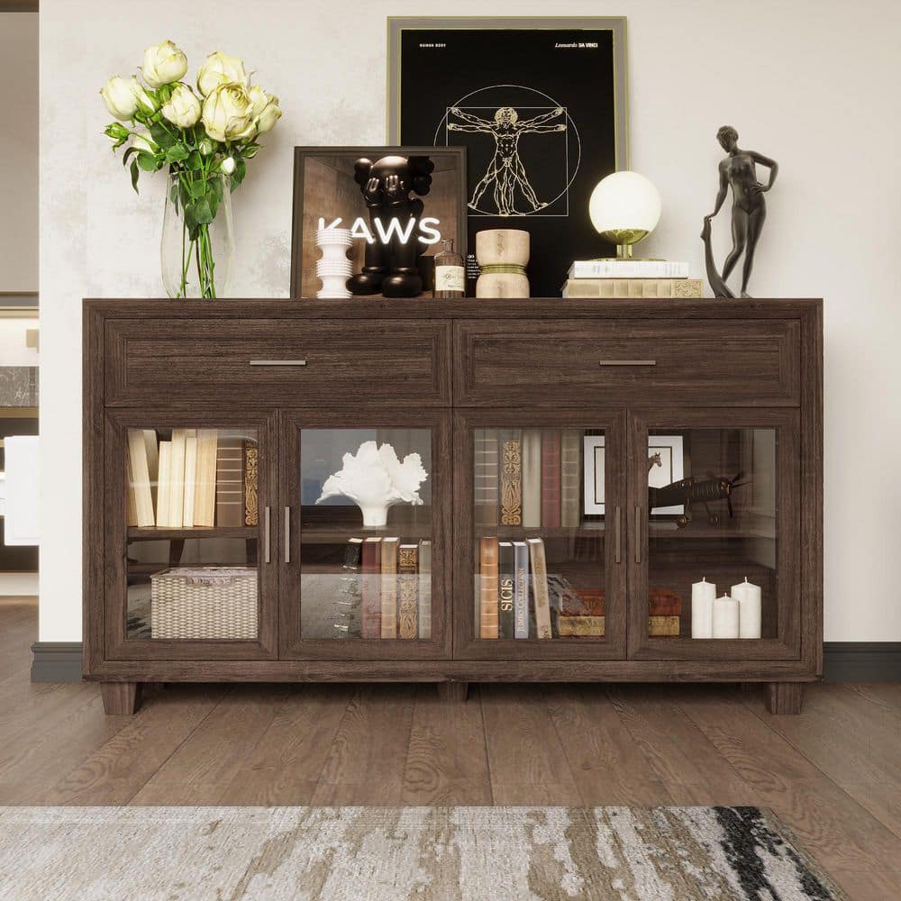 Walnut 35.7 in. Accent Cabinet with 4-Shelf, 2 Drawers, Glass Doors, Glass Display Cabinet with Adjustable Shelves