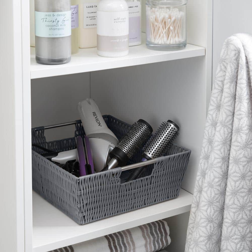 Charcoal Gray Rectangular Rattan Storage Basket with Metal Handles