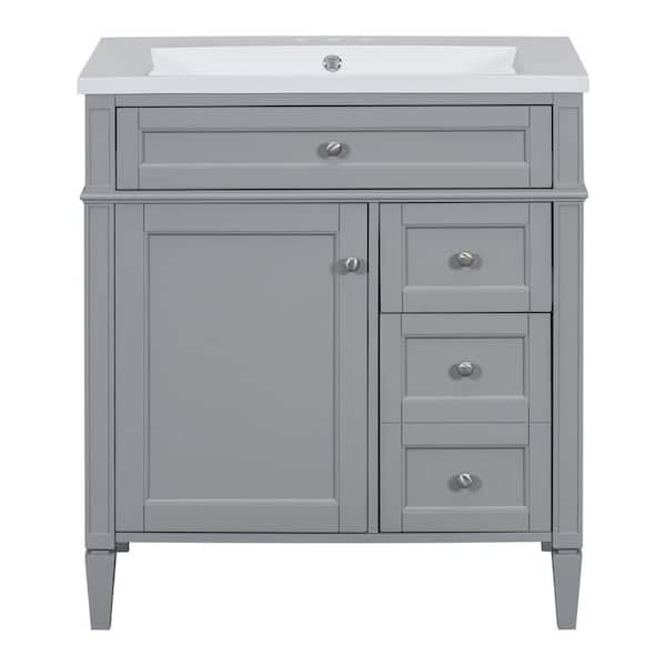 EPOWP 30 in. W x 18 in. D x 33 in. H Single Sink Freestanding Bath Vanity in Grey with White Resin Top and Storage Cabinet