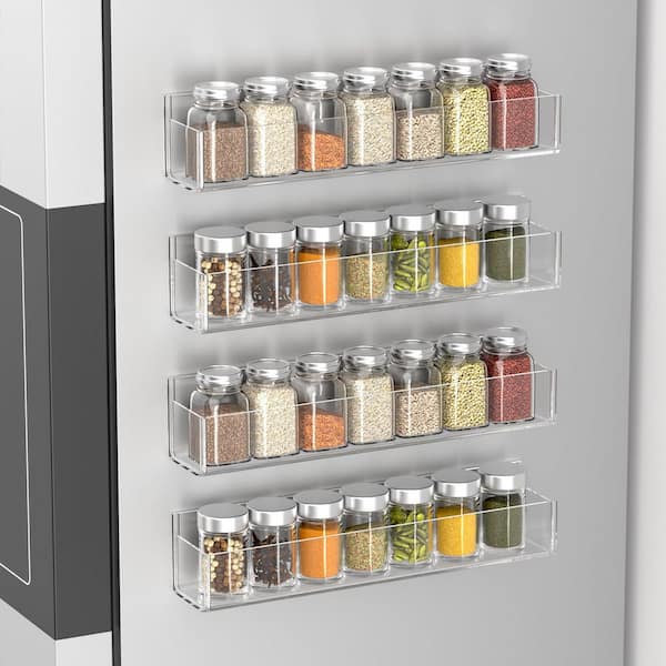Adhesive Acrylic Spice Rack Organizer with 2 Nano Double Sided Tape for Kitchen Cabinet Door, Clear (4-Pack)