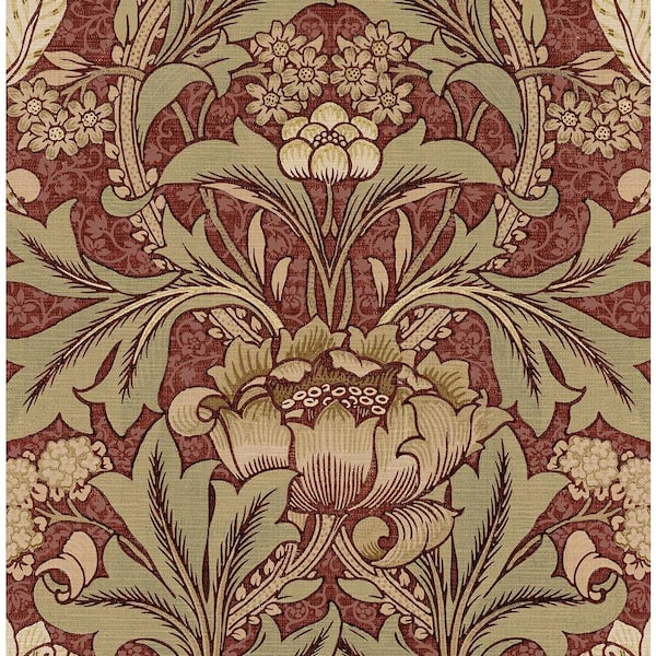 NextWall 30.75 sq. ft. Red Clay and Lichen Acanthus Floral Vinyl Peel and Stick Wallpaper Roll