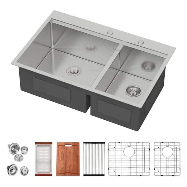 33 in. Drop-In 60/40 Double Bowl 16-Gauge Stainless Steel Low Divide Workstation Kitchen Sink with Bottom Grids